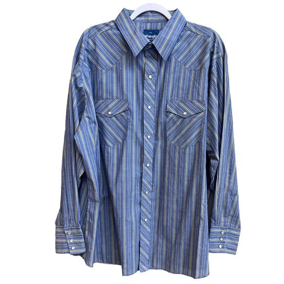 Vtg Western Shirt Wrangler Cowboy Pearl Snap Chambray Blue Striped Mens XXL 2XL - Picture 3 of 11